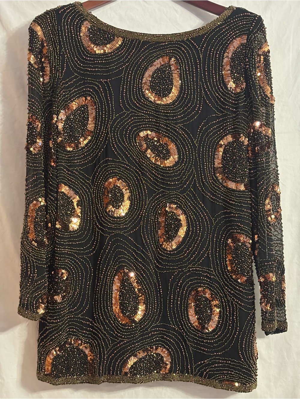Gorgeous vintage silk Oleg Cassini black tie beaded and sequined top.